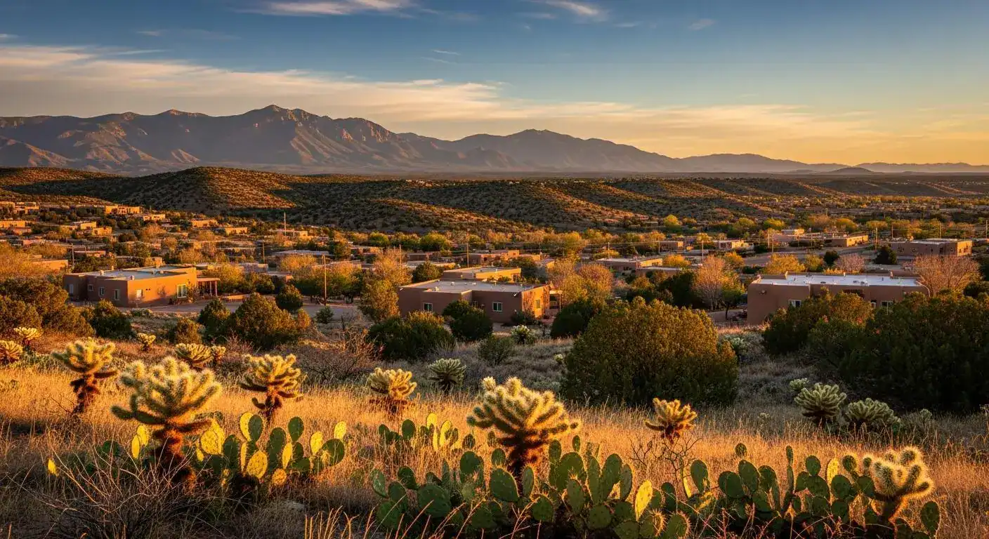 Wide-open desert landscape and mountain views in Placitas, New Mexico